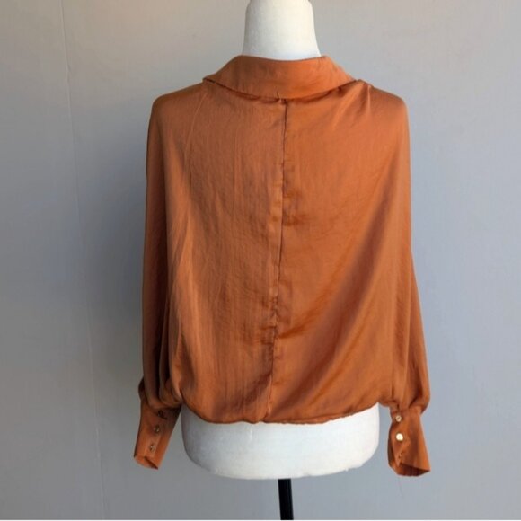 12th Tribe Satin Orange Button-Up Blouse - Picture 3 of 4